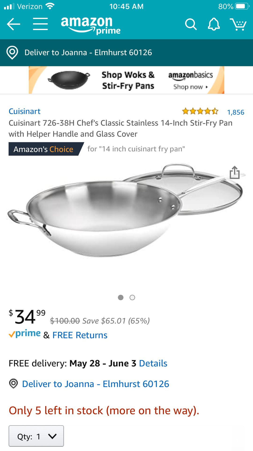 Like new 14” Cuisinart stainless steel wok/ fry pan