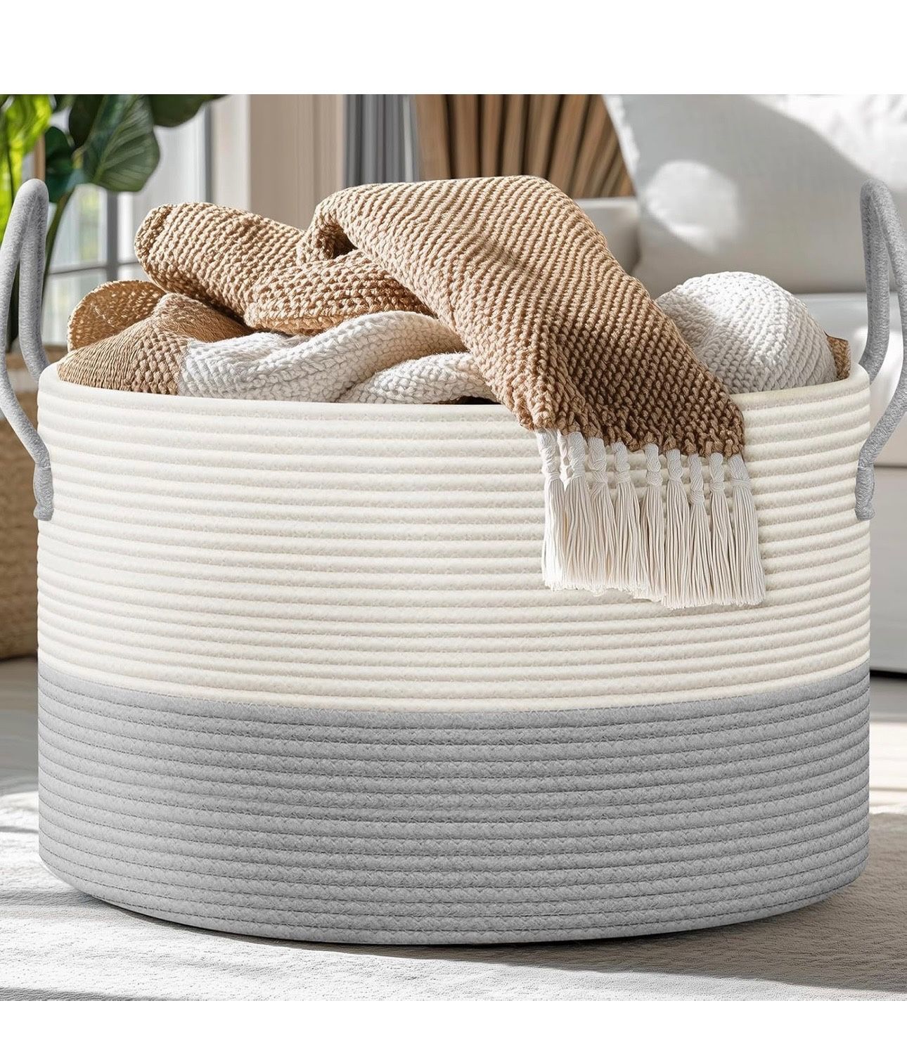 Extra Large Basket for Blankets - 21.7"D X 13.8"H Rope Laundry Basket Toy Baskets Storage Kids, Throw Blanket Baskets, Grey