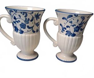 Bigelow Blue and White Floral Pedestal Mug Set, Footed Tea Cups, Set of 2