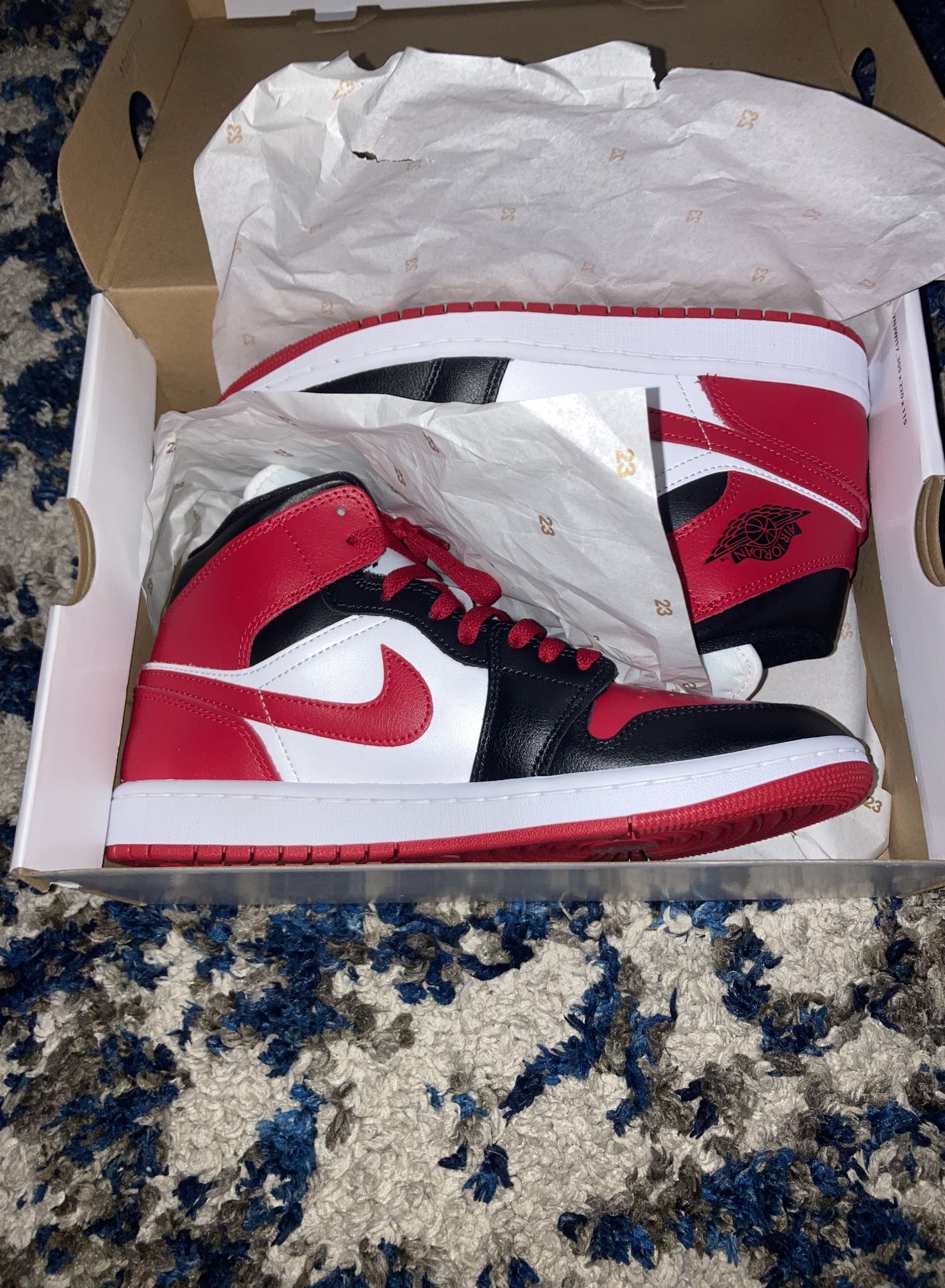Air Jordan 1 Mid. Black, Red, And White. Size:9.5
