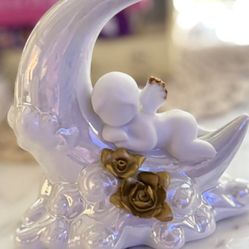 Vintage Cherub Angel Porcelain Figurine Moon Tea-light Candle Holder