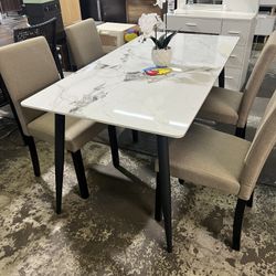 🍽 5-Piece Modern Dining Set with Marble-Style Table – $250 • 🤍 Rectangular sintered stone tabletop — elegant white marble look, scratch & scuff resi