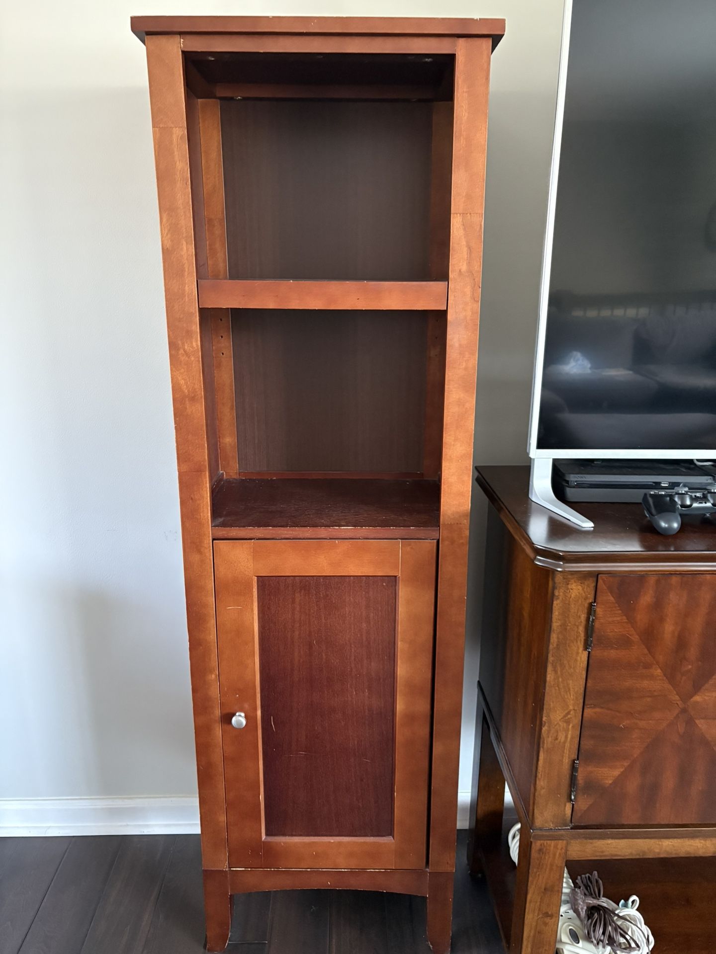 Wooden Tower Cabinets With Open Shelving & Lower Storage Used Set Of 2