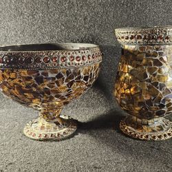 Rare Vintage Mosaic Amber Glass Tile Centerpiece Bowl & Hurricane Candle Holder Vase