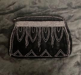 Vintage Black Velvet And Silver Beaded Clutch/Purse/Handbag