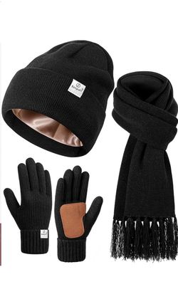 Womens Satin Lined Beanie Scarf Gloves Set