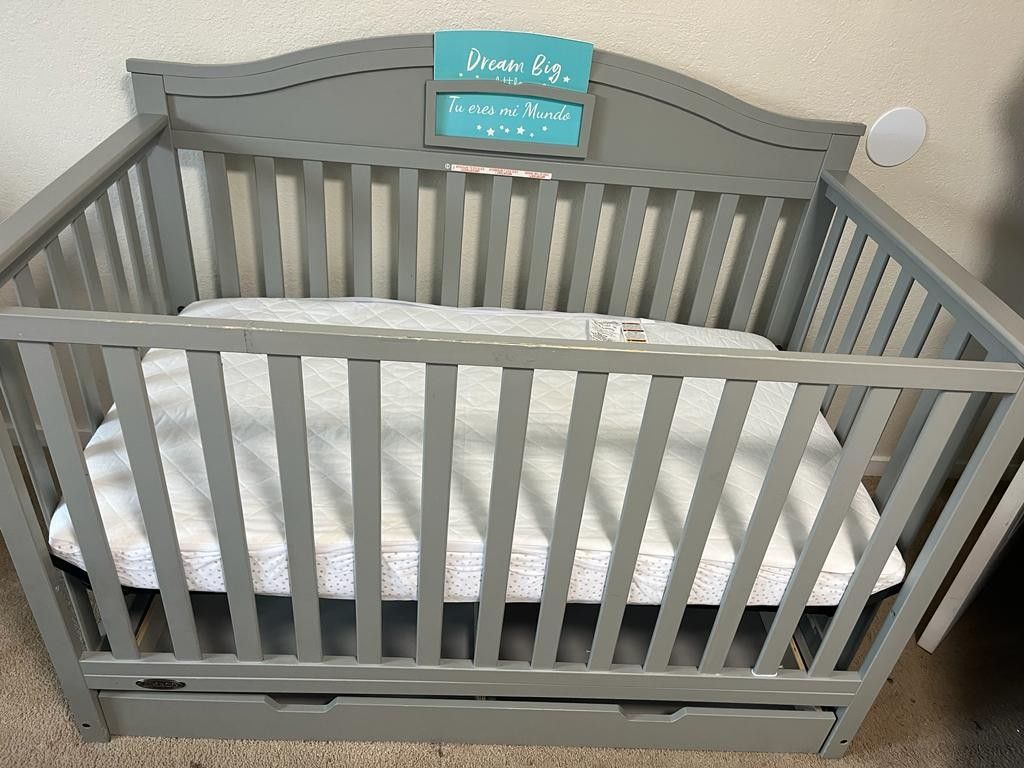 Graco Story 5-in-1 Convertible Baby Crib with Drawer And Mattress Pebble Gray