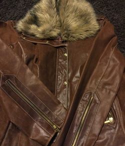 Ana distressed brown 100% genuine leather faux fur collar XL Jacket