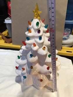 MR CHRISTMAS TREE , WHITE CERAMIC 14 inches TALL, $50.00 BATTERIES INCLUDED,