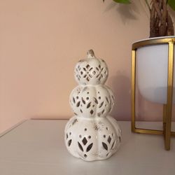 Lighted Ceramic Stacked Pumpkin Lantern Distressed White & Gold Fall Decor