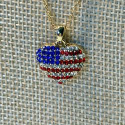 Patriotic American Flag Heart Rhinestone Pendant Necklace Gold Tone Red White Blue Crystal Heart