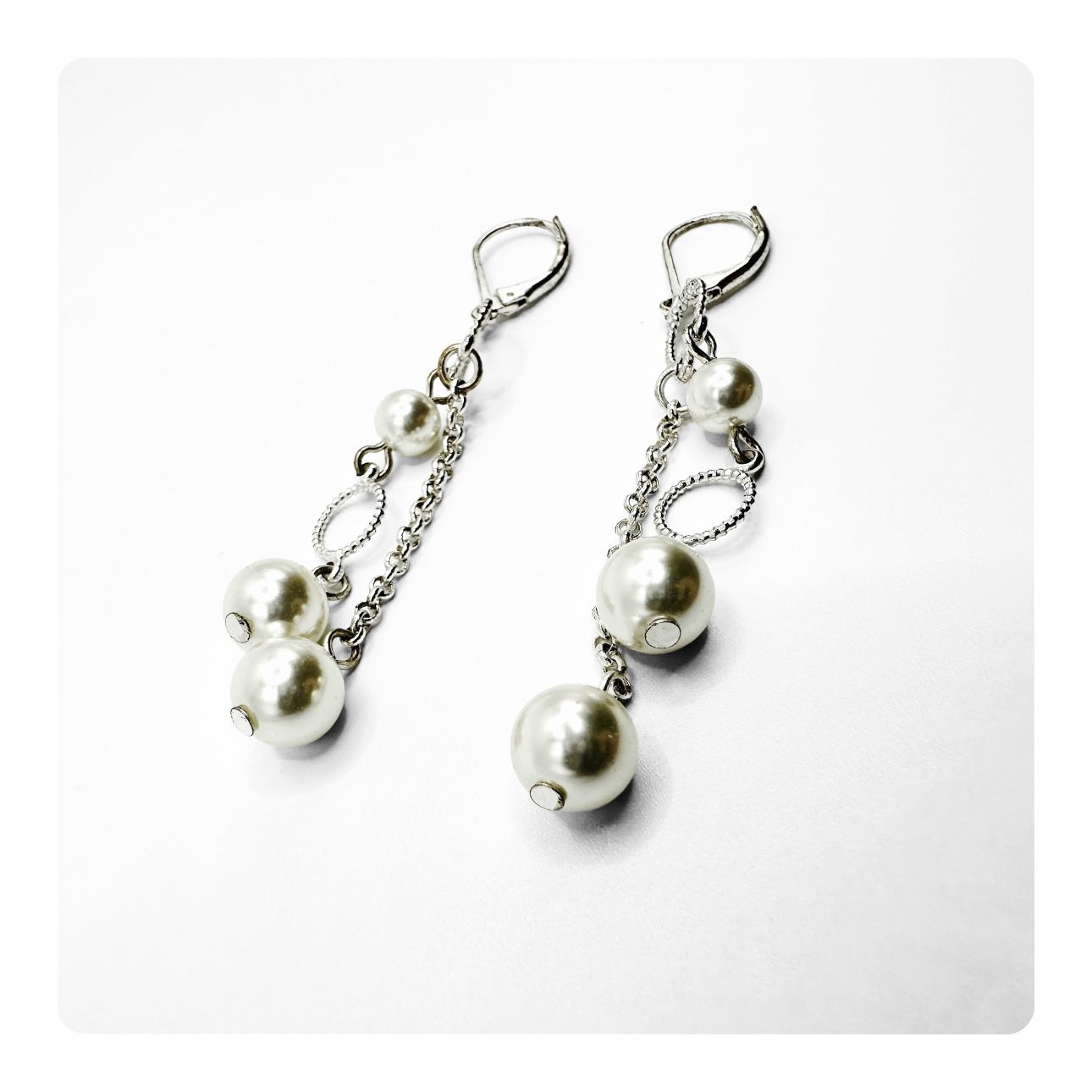 Handmade Faux Pearls & Silver detail Dangling Earrings - Color Silver/Pearl