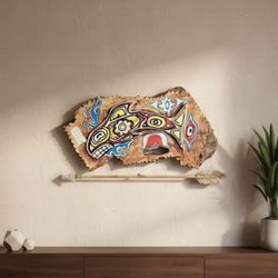 Hand Painted Live Edge Wood Wajll Art – Tribal Animal Design, Rustic Nature Decor