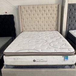 NEW IN BOX- 6Ft King Size Tufted Kakhi Bed Frame With Naildhead Trim