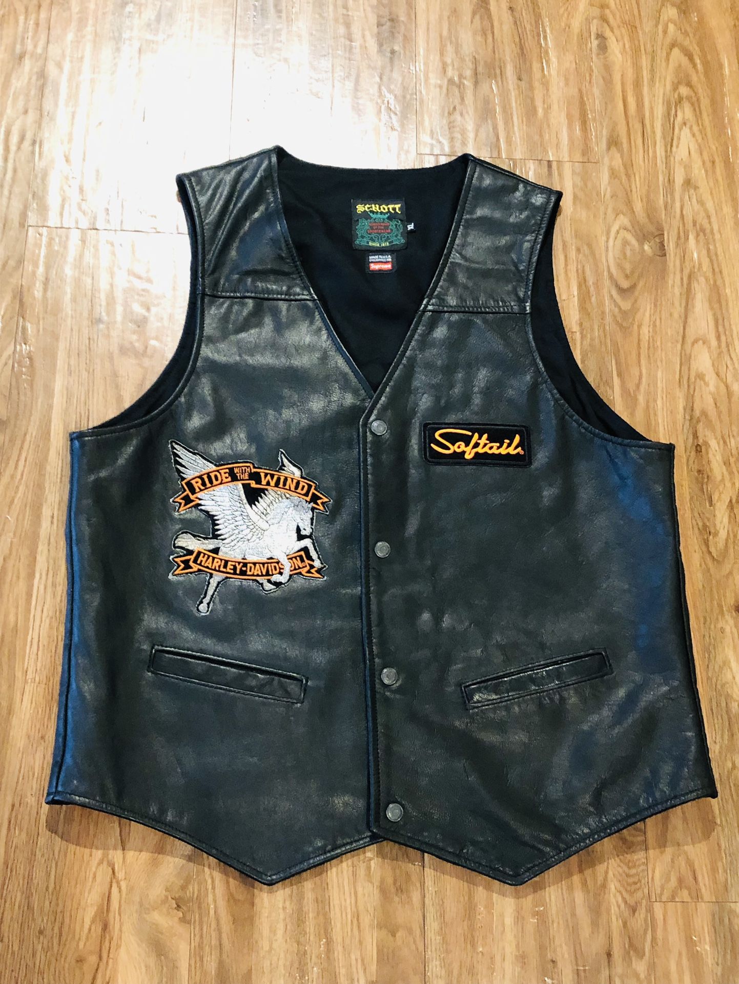 Supreme X Schott XLarge - Leather Work Vest With Harley Davidson Patch Designs