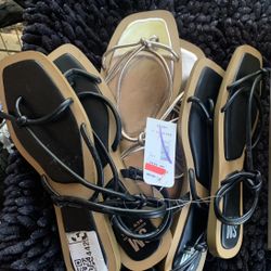  BUNDLE of  SM NEW /Shoes /Two Pairs, black Flat Sandals SIZE 10  &  ONE Pairs Gold Flat Sandals 