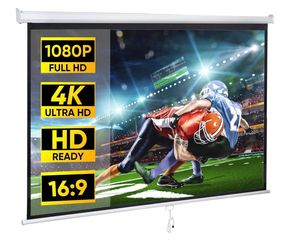 80" 16:9 HD Manual Pull Down Projector Screen Anti-Crease Foldable Portable Projection Screen for Home Theater Cinema Office, White