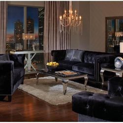 3pc Set - Sofa And 2 Chairs in Black Velvet