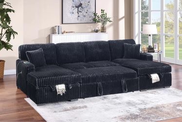 Black Corduroy Sectional Sofa with Storage and pullout bed