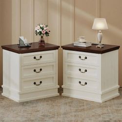 Set of 2 Nightstand with Charging Station, 3 Drawer Night Stand 22 Inch Wider Side Table with Storage, Farmhouse Nightstand with Vintage Handles, Thic