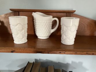 Vintage Milk Glass 1 Creamer and 2 Goblets