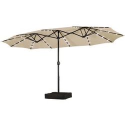 15FT Double-Sided Patio Umbrella w/Solar Lights & Base, Tan