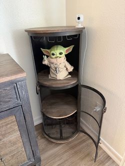 Round Metal and Wood Bar Cabinet with Wine Storage
