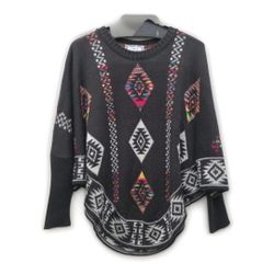 Deep grey Loana Lady, Sleeved Poncho Multicolor Aztec Print, 