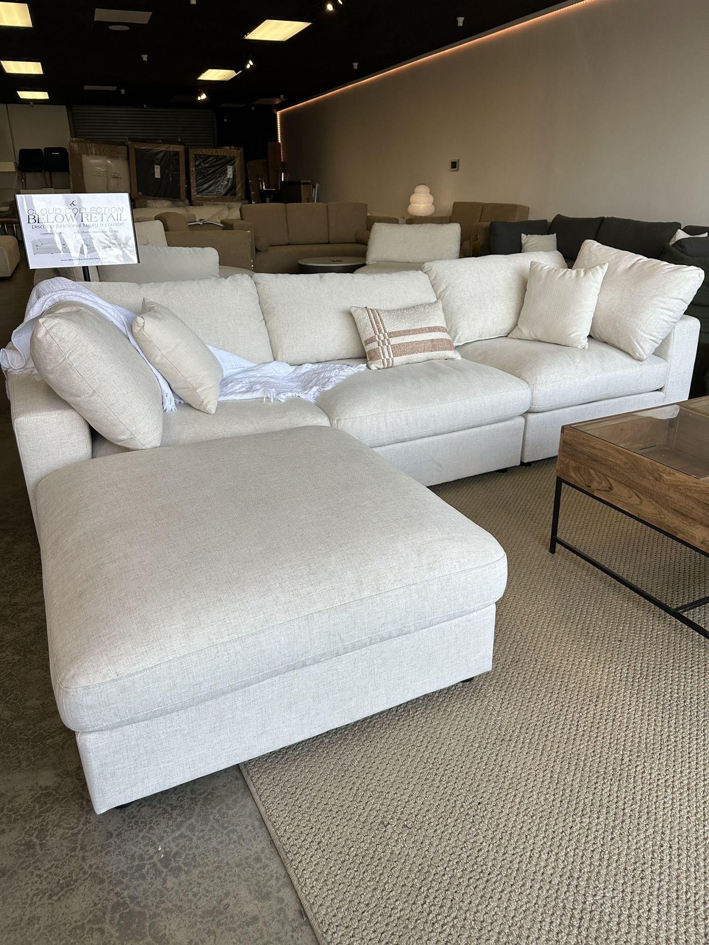 White Modular Cloud Sofa Chaise Sectional in Performance Linen - FREE Delivery
