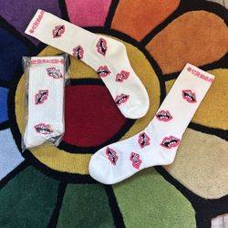 Pink And White Chrome Hearts Chomper Socks One Pair