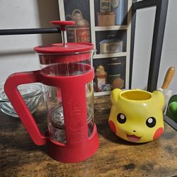 Pokemon Pikachu  (Squirtle Face Breath) 16oz 3d Sculpted Mug and Bialetti French Press