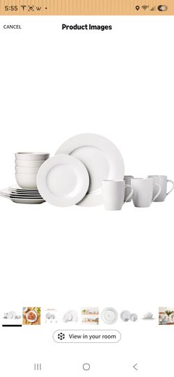 Amazon Basics 16-Piece Porcelain Dinnerware Set, Microwave and Dishwasher Safe, Service for 4, Plates, Bowls and Mugs, White