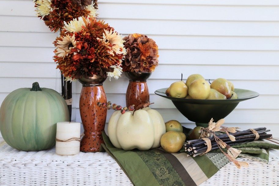 Green and Orange Autumn Table Setting Decor Set - Faux Pumpkins, Pears, Floral, Placemats, Pier 1 Ceramic Candle Holders, Etc. 