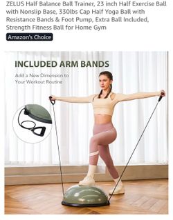 ZELUS Half Balance Ball Trainer, 23 inch Half Exercise Ball with Nonslip Base, 330lbs Cap Half Yoga Ball with Resistance Bands & Foot Pump, Extra Ball