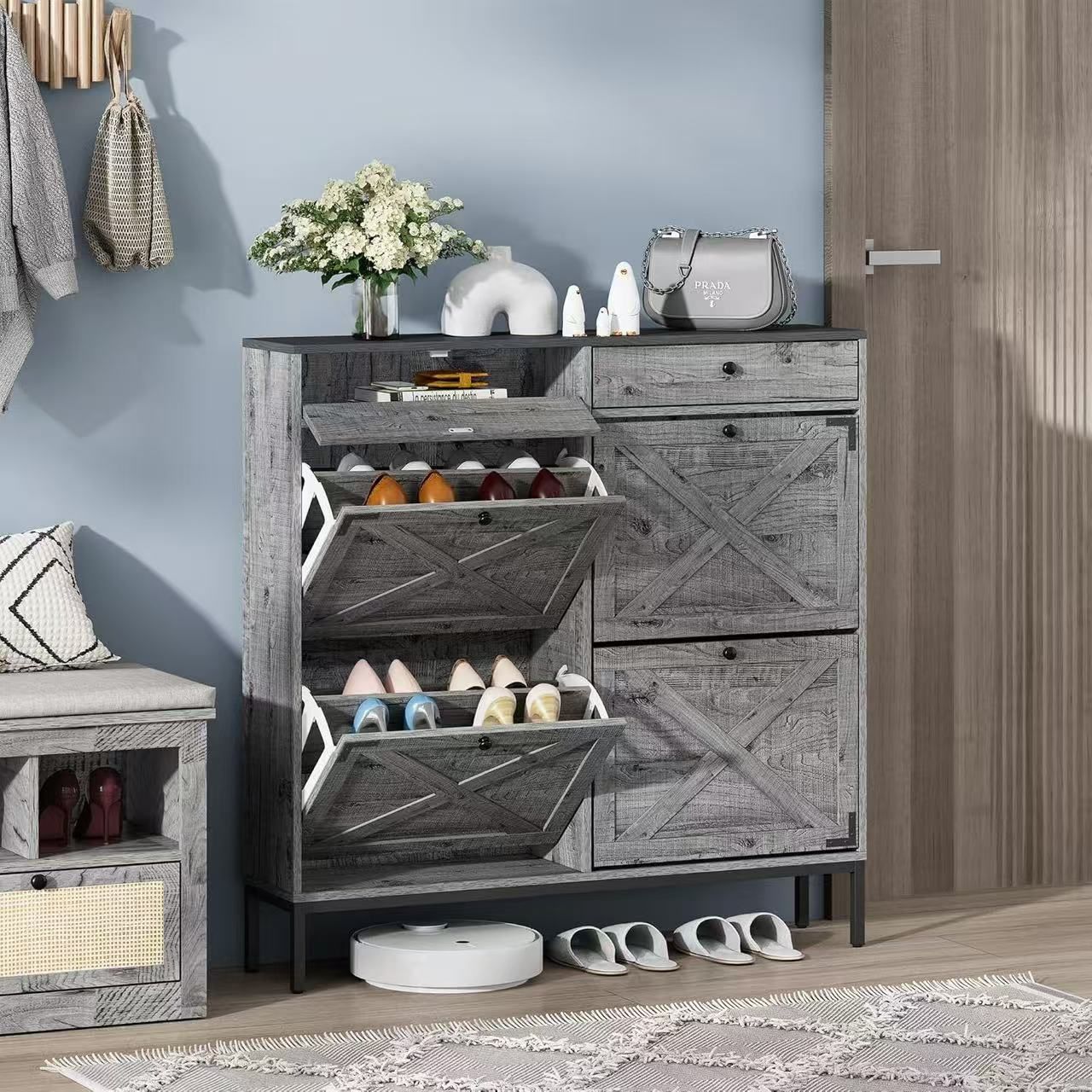 Gray Freestanding Shoe Cabinet with Flip Drawers, Slim Entryway