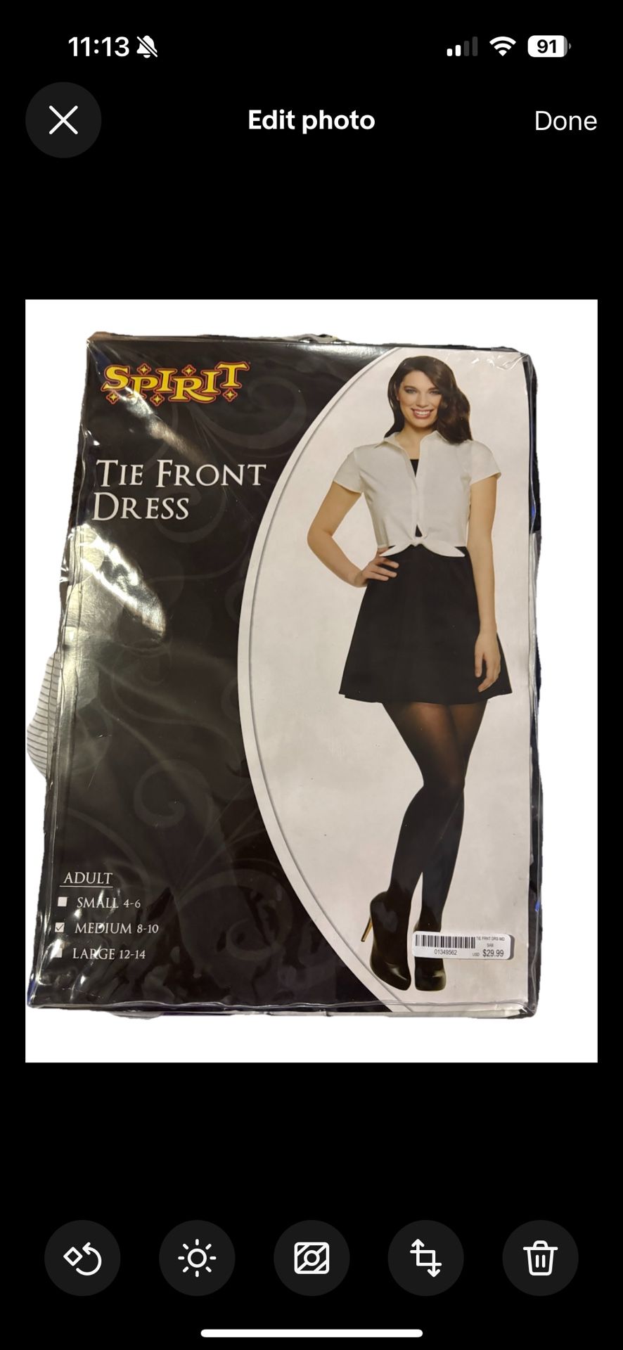 Spirit Tie Front Dress Women’s adult Medium (8-10) Halloween Costume Mid Knee, black/white, new,