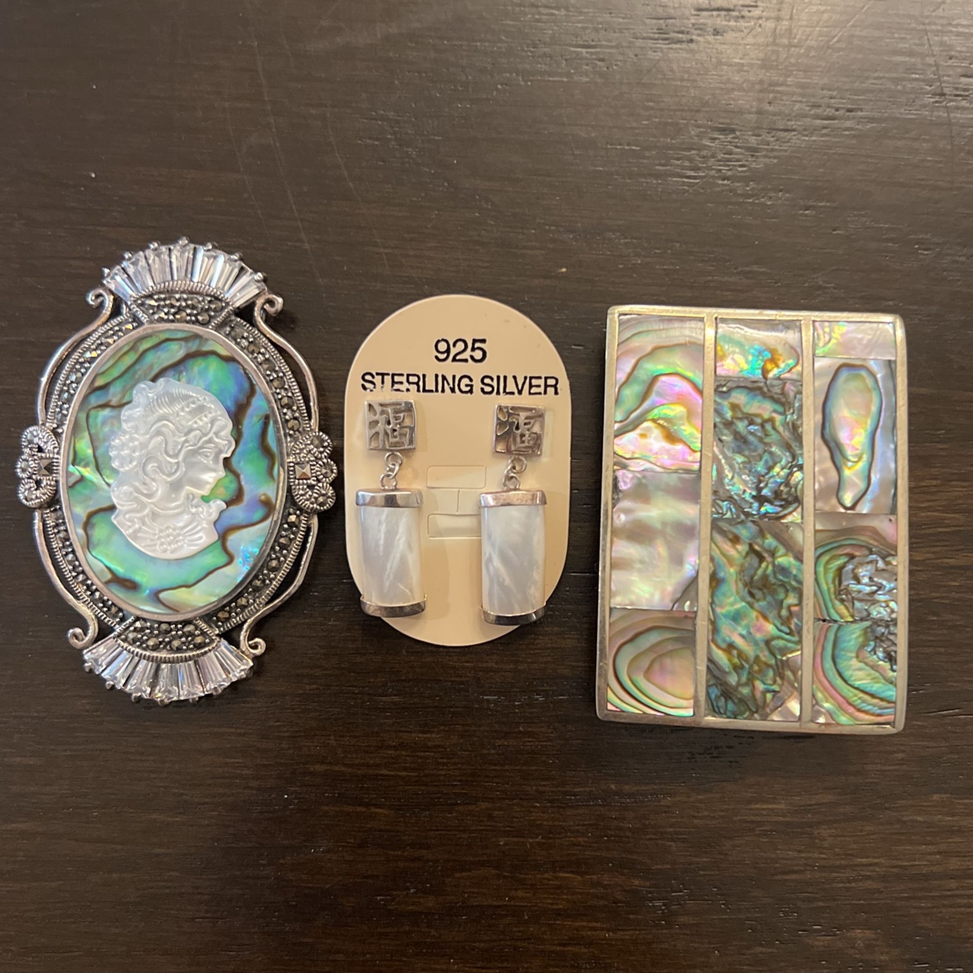 Abalone/Pearl/Sterling Silver Cameo/Belt Buckle/Earrings
