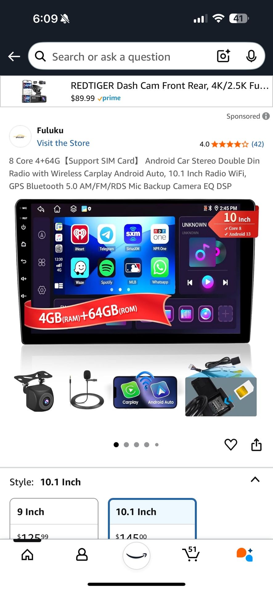 8 Core 4+64G【Support SIM Card】 Android Car Stereo Double Din Radio with Wireless Carplay Android Auto, 10.1 Inch Radio WiFi, GPS Bluetooth 5.0 AM/FM/R