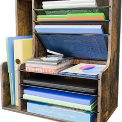Visalia CA  7 Tier Desk File Organizer, Wooden Letter Tray Paper Organizer with Adjustable File Holder, Mesh Desktop Organizer and Storage for Office 