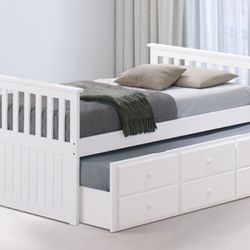 Brand New White Twin Size Bed Frame w Trundle Bed + Drawers 