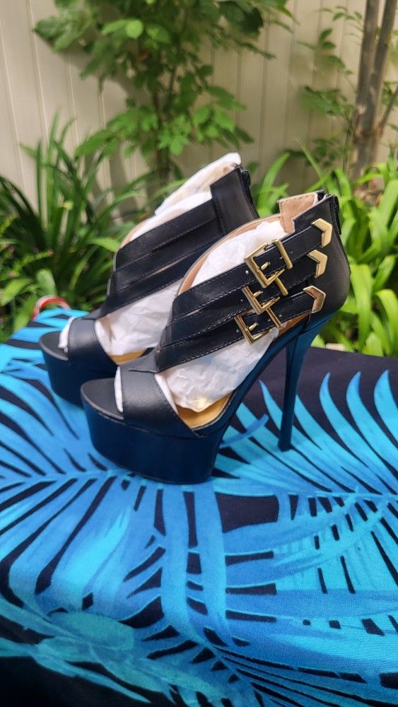 Black Strap Heels W/ Gold Buckle