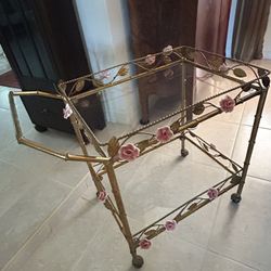 Antique Gold Leaf Tea Cart With Original Ceramic Flowers