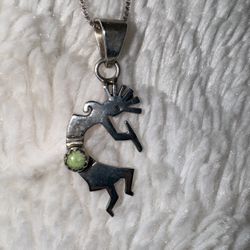 Vintage Kokopelli Sterling Silver Charm w/  Green Turquoise Stone on Sterling Chain  