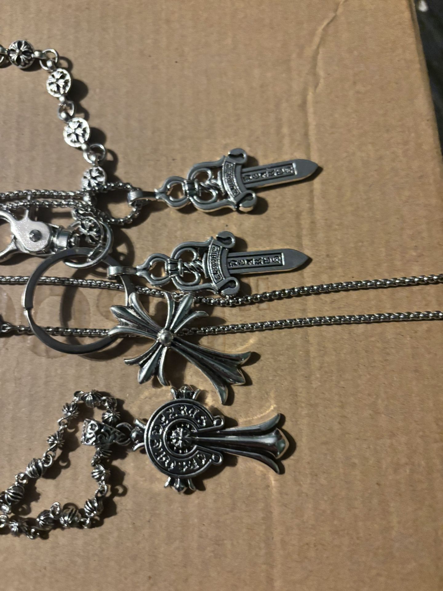Large Chrome Heart Lot 2 Necklaces 1 Bracelet & 4 Charms