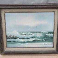 Exquisite midcentury framed Original Oil on Canvas Beach scene by Morgan 21" x 17". 
