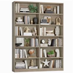 74.3” Double Wide 6-Tier Bookcase, Extra Large Wooden Freestanding Display Bookshelf for Home Office Living Room, Gray