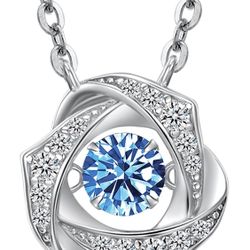 VIGG Sterling Silver Dance Necklace for Women,Floating Blue Diamond Birthstone CZ 5A Pendant Dainty S925 