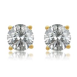 14K Yellow Gold Four Prong Round 2.10 CT (TW) VS2 Color G Diamond Stud Earrings.
