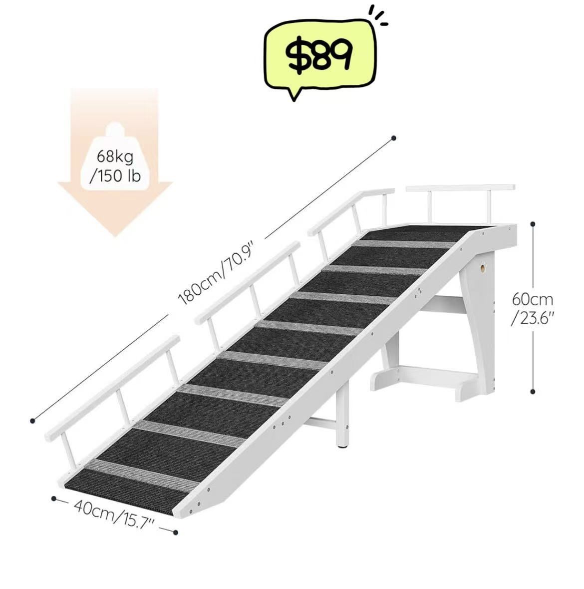 😀 70.9"Wx 15.7"Dx 23.6"H HOOBRO Dog Ramp for Bed, Large Wooden Pet Ramp for Dogs with Non-Slip Carpet Surface, Safety Rails, and Top Platform, White