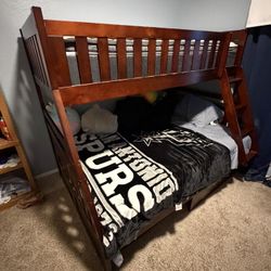 Wooden Twin Over Full Bunk Bed w/ Ladder & Mattresses